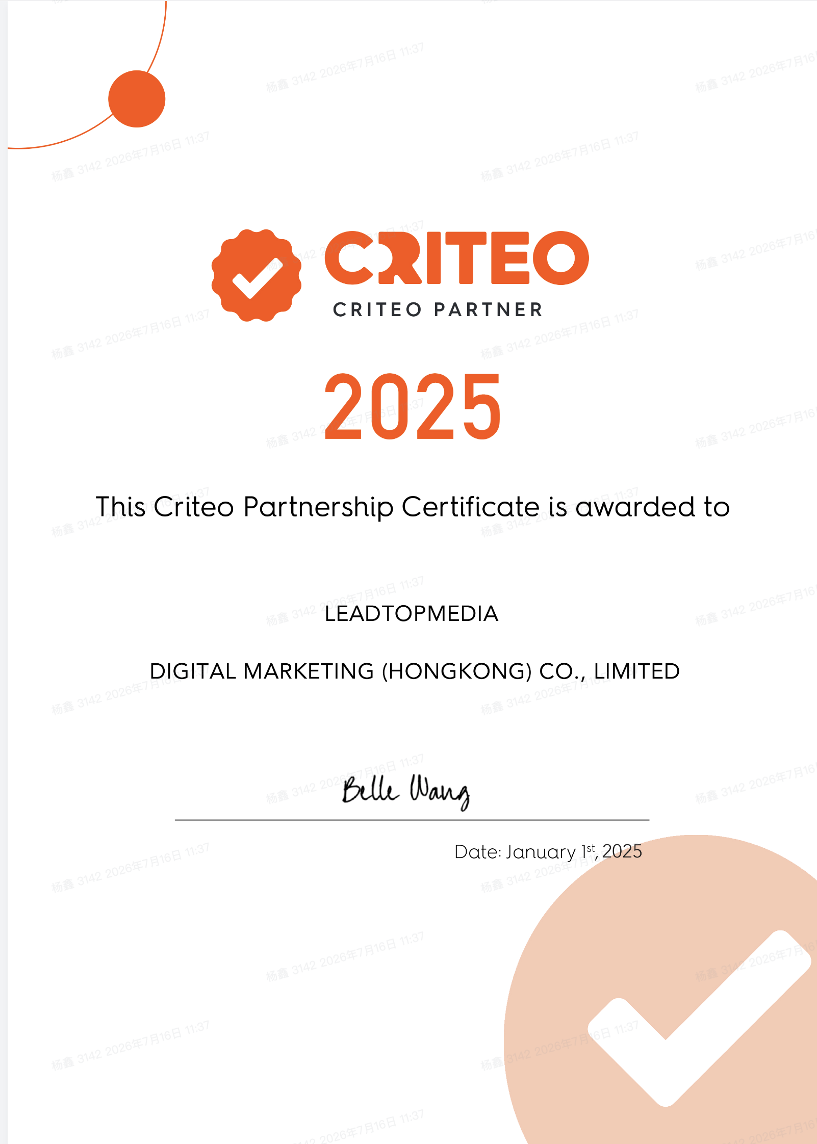 Leadtop Criteo Partner 2025 证书